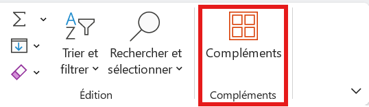 Add-ins button in the Excel ribbon, Home tab