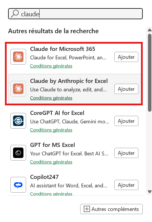 Searching 'claude' in the Office Add-ins Store with the Add button